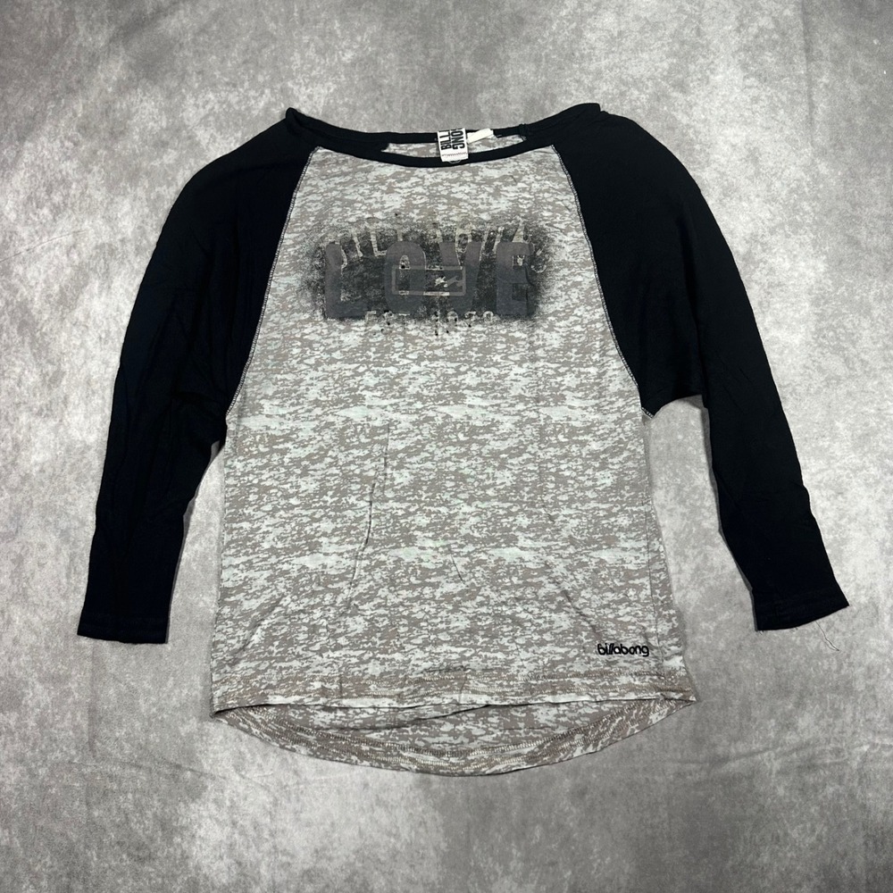 Billabong Womens Large Black Grey Raglan LOVE Graphic Burnout Tee Coastal Surf